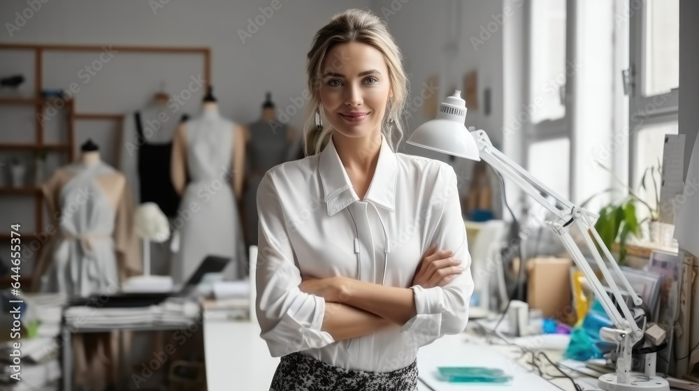 Portrait of female fashion designer at workplace. Portrait of female fashion designer at workplace.
