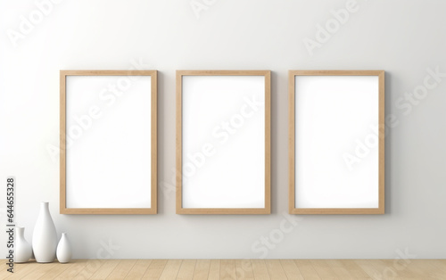 three wooden frame on white wall, frame mockup, 3d render
