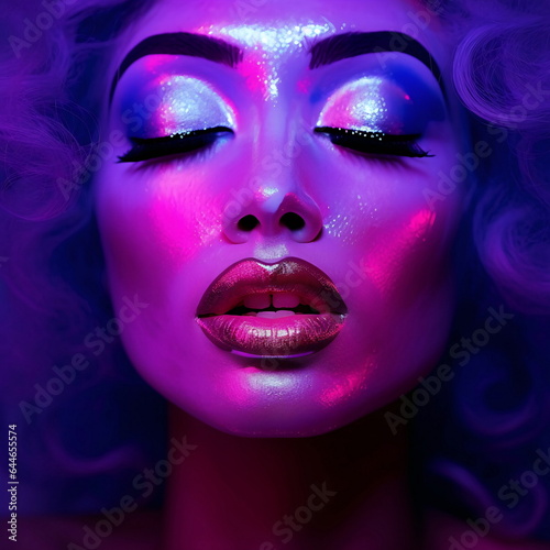 Macro Image of a Woman Dark Red Lips Eyelashes and Hair on Colored Light AI Generated