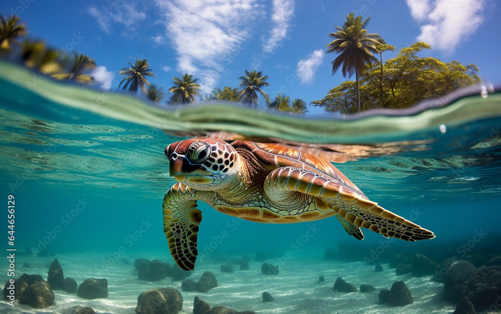 Obraz premium Turtle - eretmochelys imbricata floats under water. maldives indian ocean