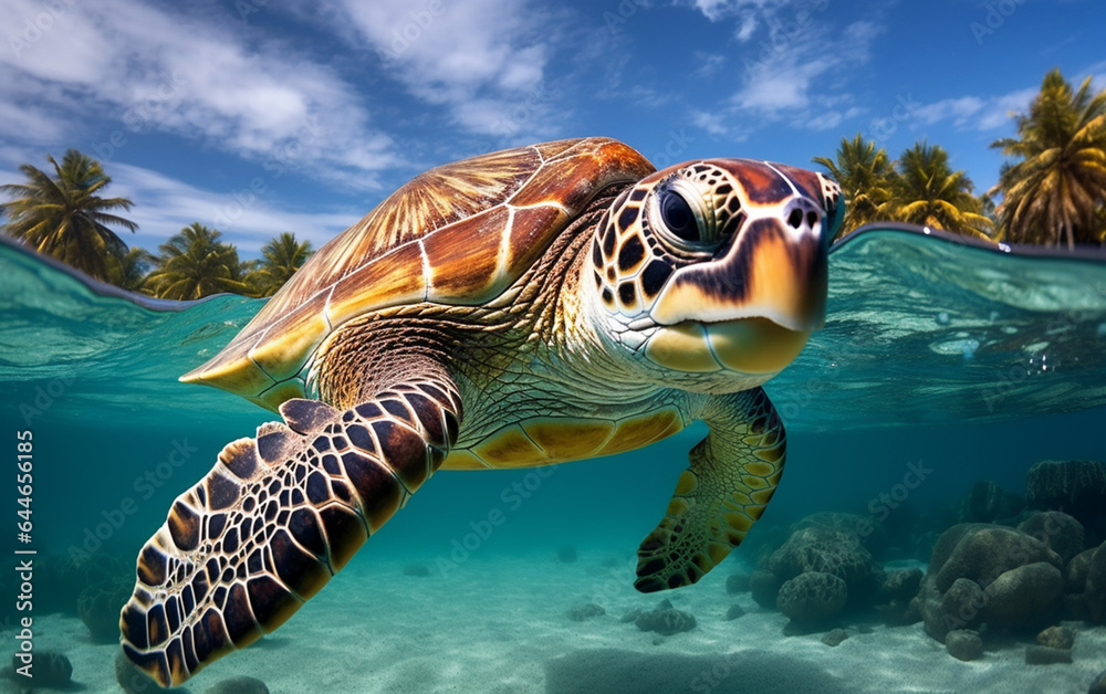 Fototapeta premium Turtle - eretmochelys imbricata floats under water. maldives indian ocean