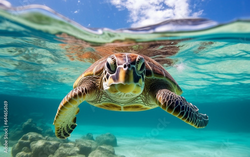 Turtle - eretmochelys imbricata floats under water. maldives indian ocean