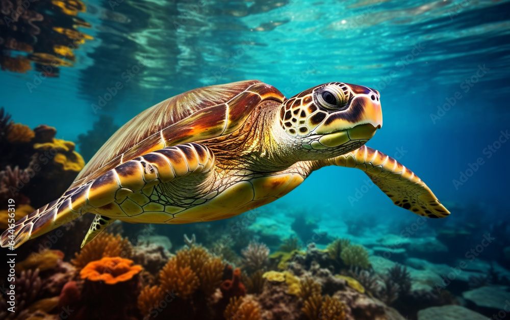 Obraz premium Turtle - eretmochelys imbricata floats under water. maldives indian ocean