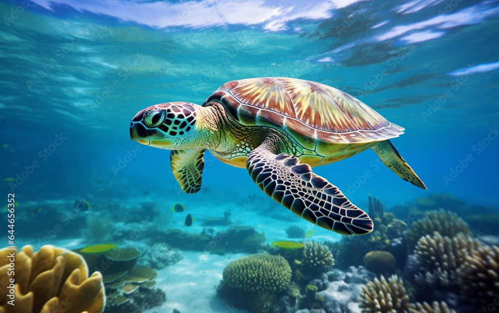 Fototapeta premium Turtle - eretmochelys imbricata floats under water. maldives indian ocean