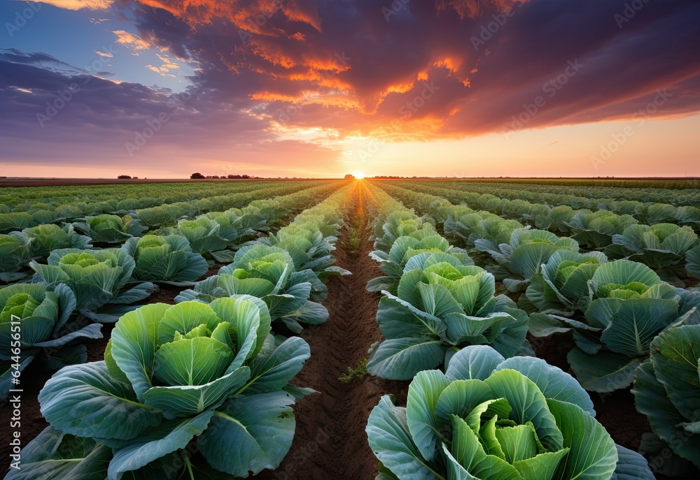 Fototapeta premium Rows of ripe cabbage farm in the evening sky