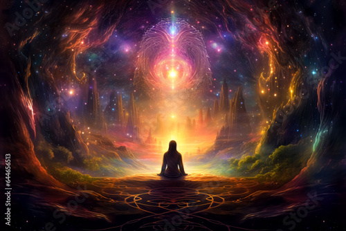 Woman sitting on a field star filled with light, colorful vibrations, cosmic, raw energy. Euphoria with dreamy calming aura and psychedelic spirituality.