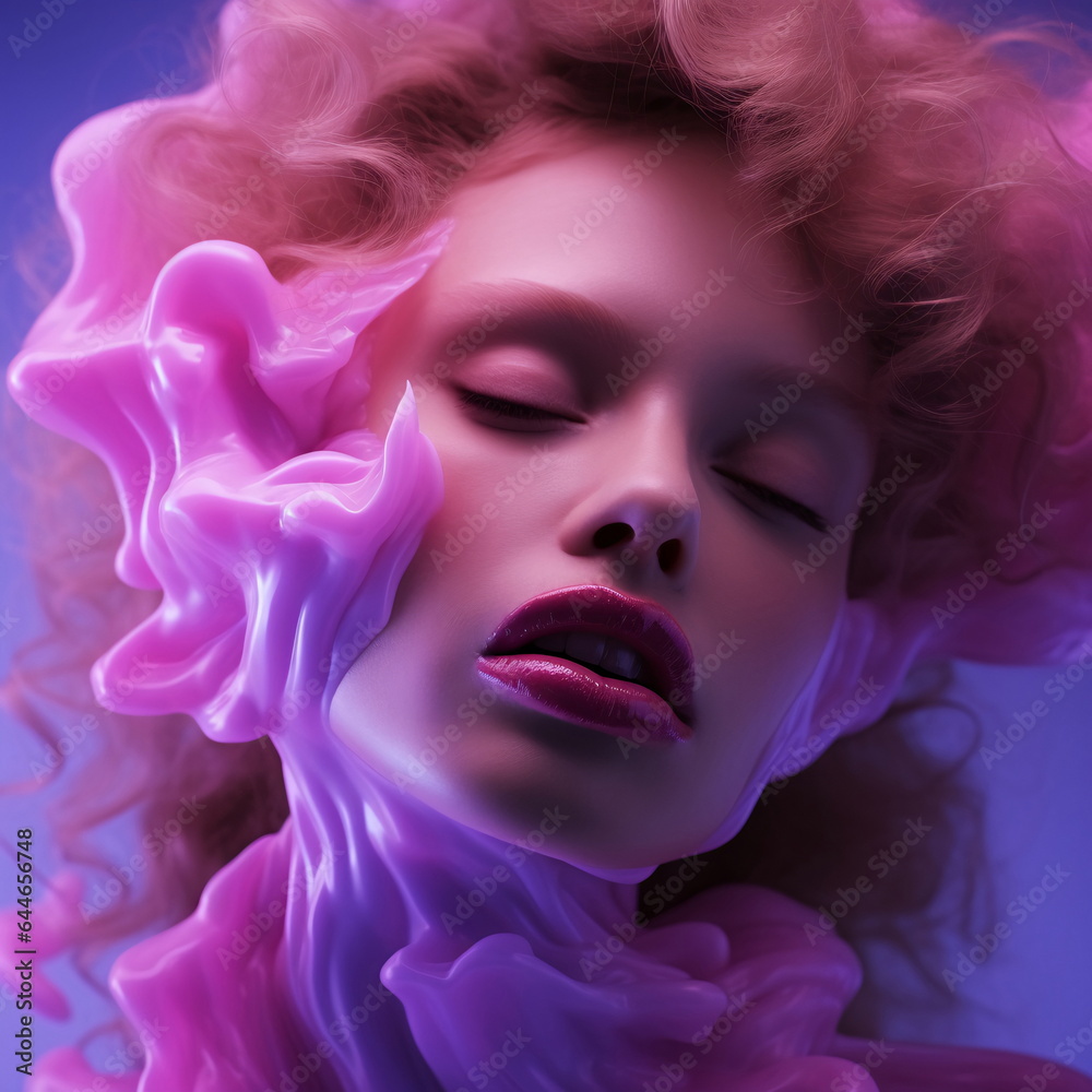 Woman with Violet Face Cream and Pink Lips in Neon Light AI Generated