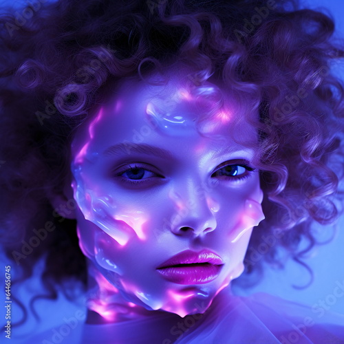 Woman with Violet Face Cream and Pink Lips in Neon Light AI Generated