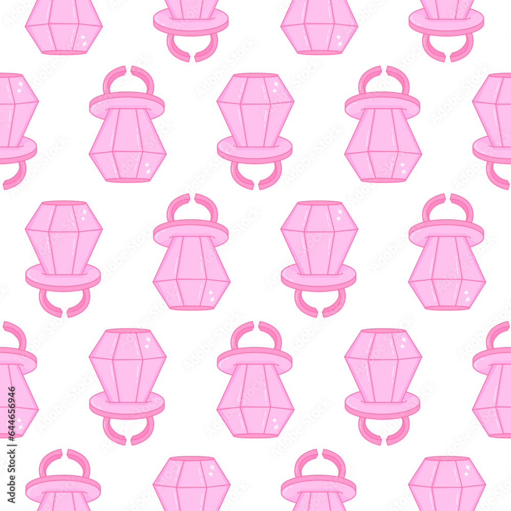 Plastic ring with a large diamond. Candy jewel. Pop style of the 90s. Seamless pattern.