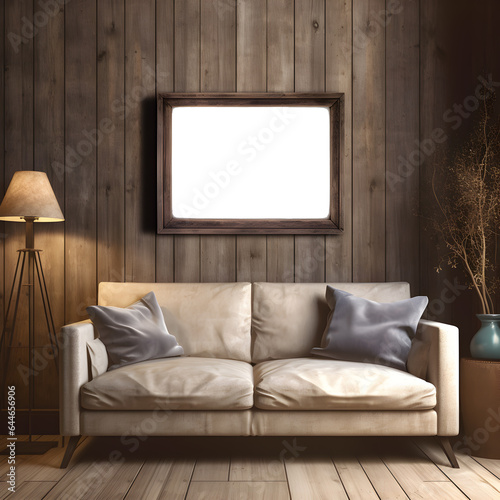 room decorated in a rustic environment with a highlighted frame for mockups or decoration (ai generated)