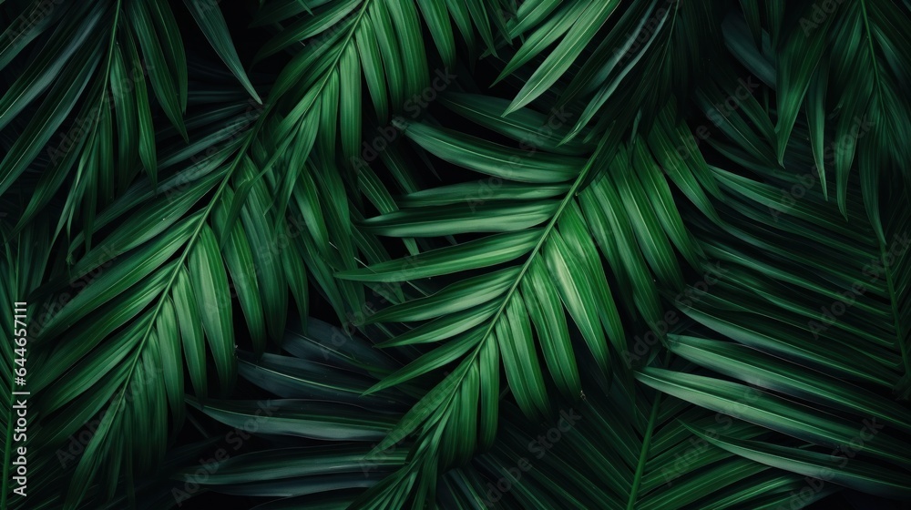 Abstract palm leaf texture, dark green foliage nature background.