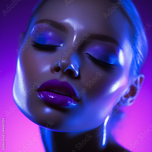 Violet Bioluminescence in Exotic Fashion Photography of Womans Face - AI Generated