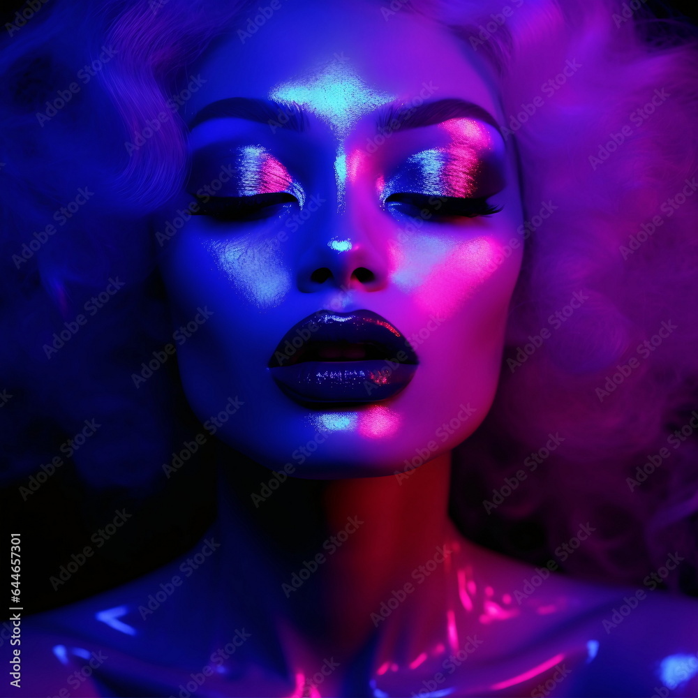 a woman with fluorescent makeup posing with her face painted blue and purple glow in the dark AI Generated a woman with fluorescent makeup posing with her face painted blue and purple glow in the dark AI Generated