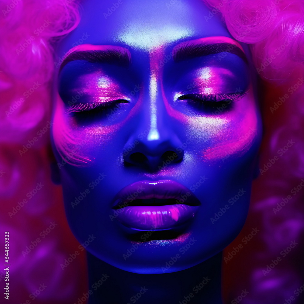 a woman with fluorescent makeup posing with her face painted blue and purple glow in the dark AI Generated