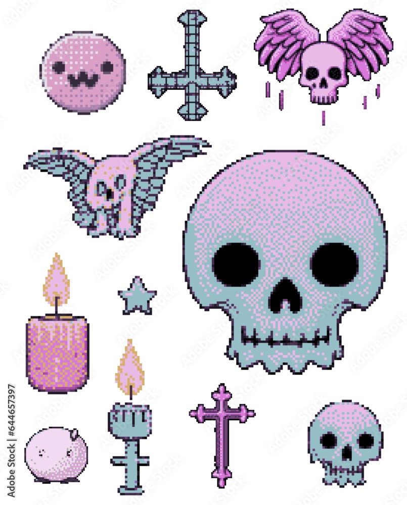 Set of pastel goth vaporwave style stickers with crosses, skulls and