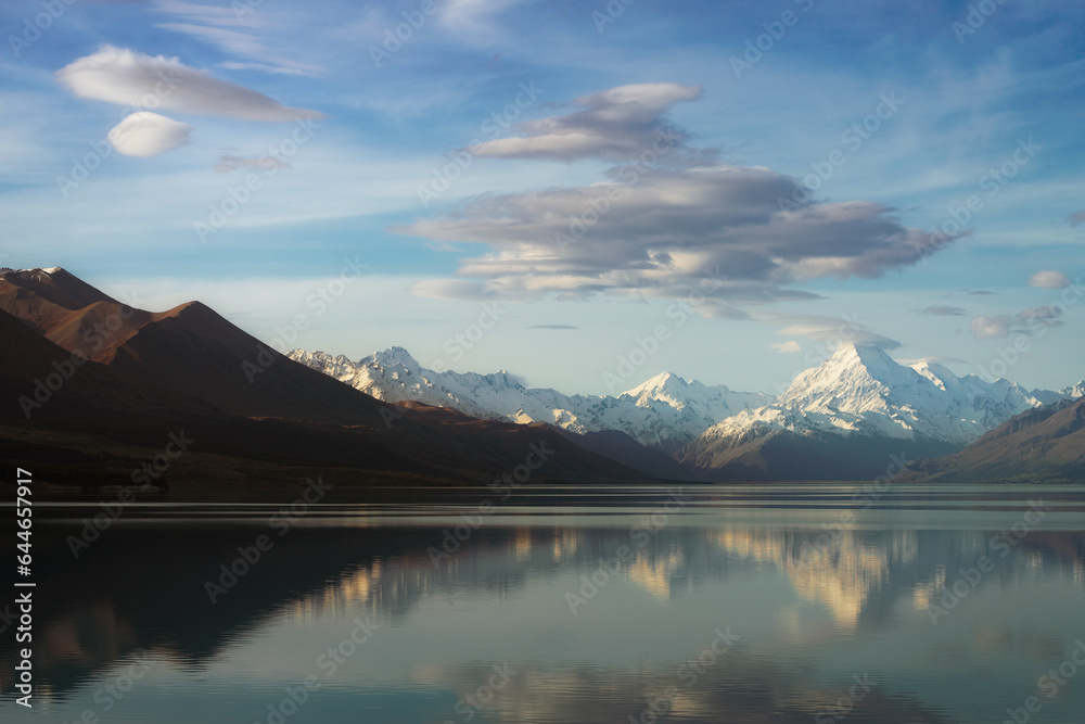 Lake at sunset surrounded by snow capped mountains