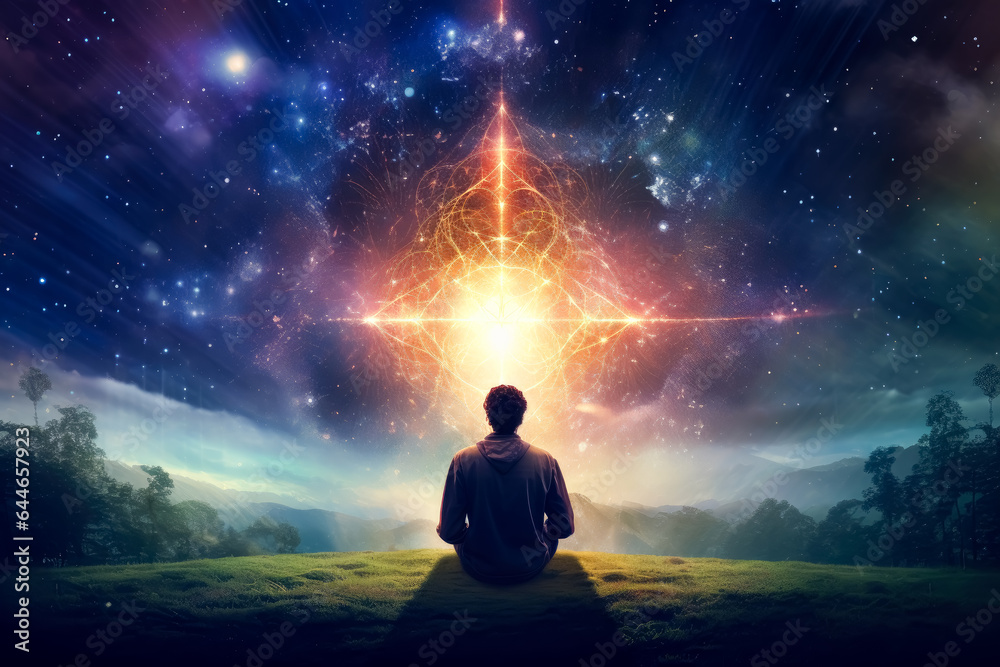 Man sitting on a field star filled with light, colorful vibrations, cosmic, raw energy. Euphoria with dreamy calming aura and psychedelic spirituality.