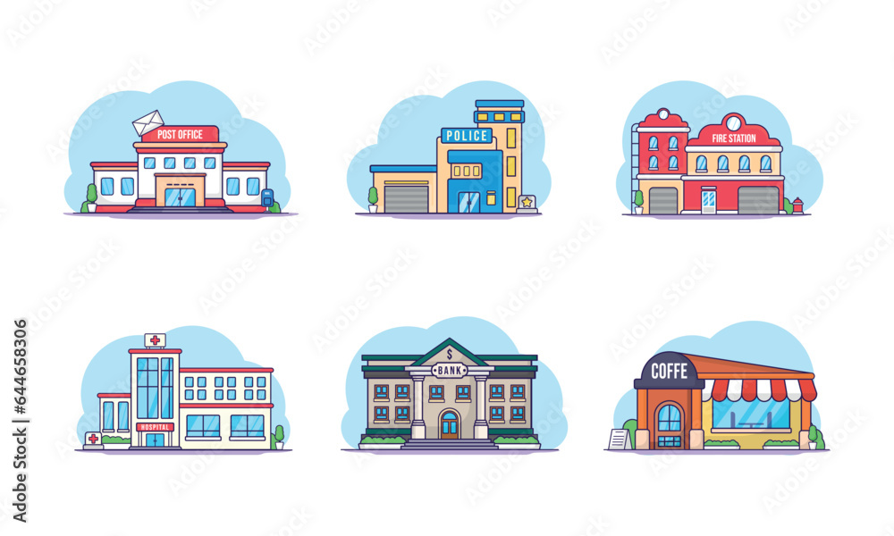 Illustration vector graphic Set of building on city town, cafe, police, fire station, hospital, post office, bank, cartoon style and children friendly good for element design