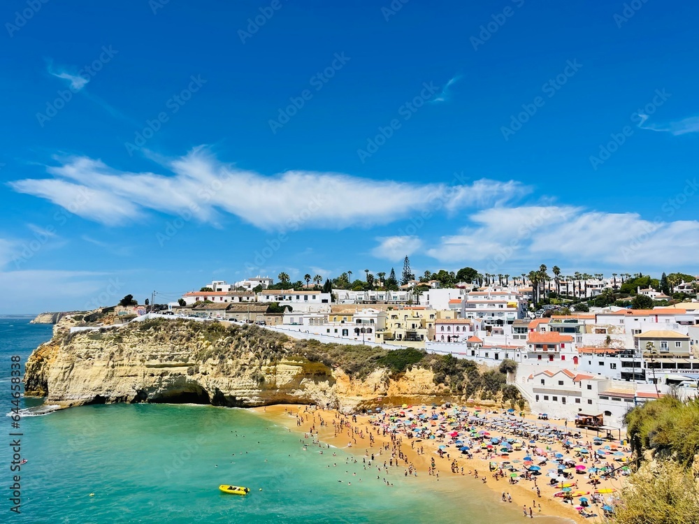 View of Carvoeiro fishing village with beautiful beach, Algarve