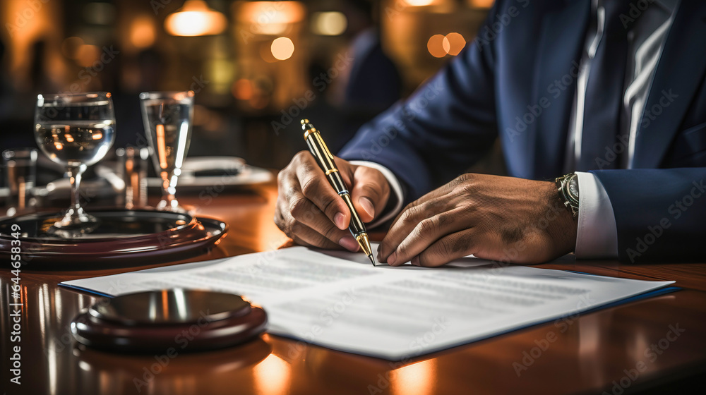 Businessman signing a document after reading the agreement in office Businessman signing a document after reading the agreement in office