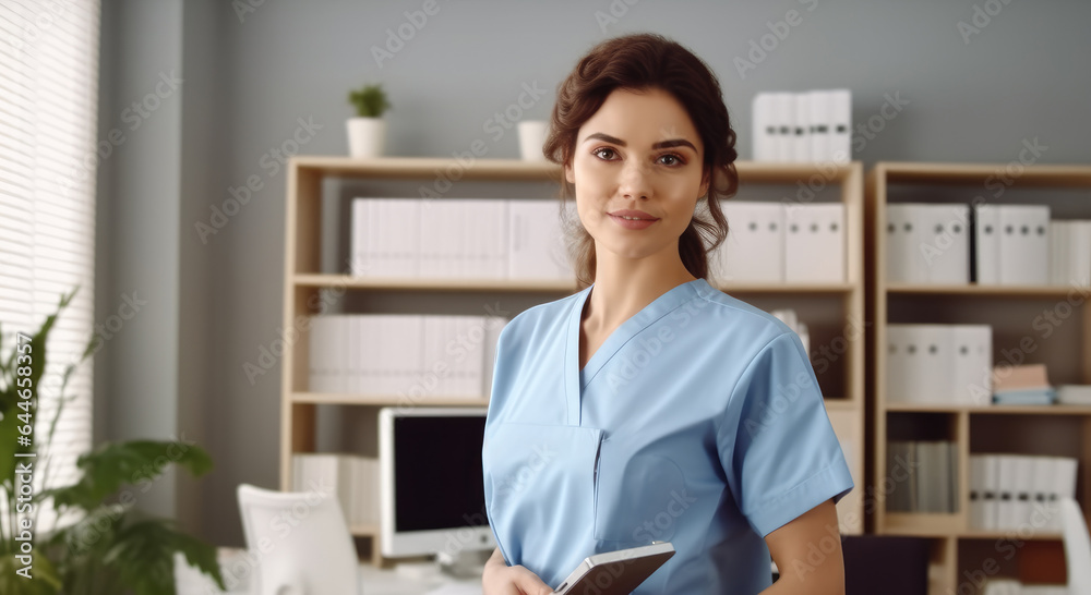 Portrait of female doctor in blue medical uniform standing in office at hospital. Portrait of female doctor in blue medical uniform standing in office at hospital.