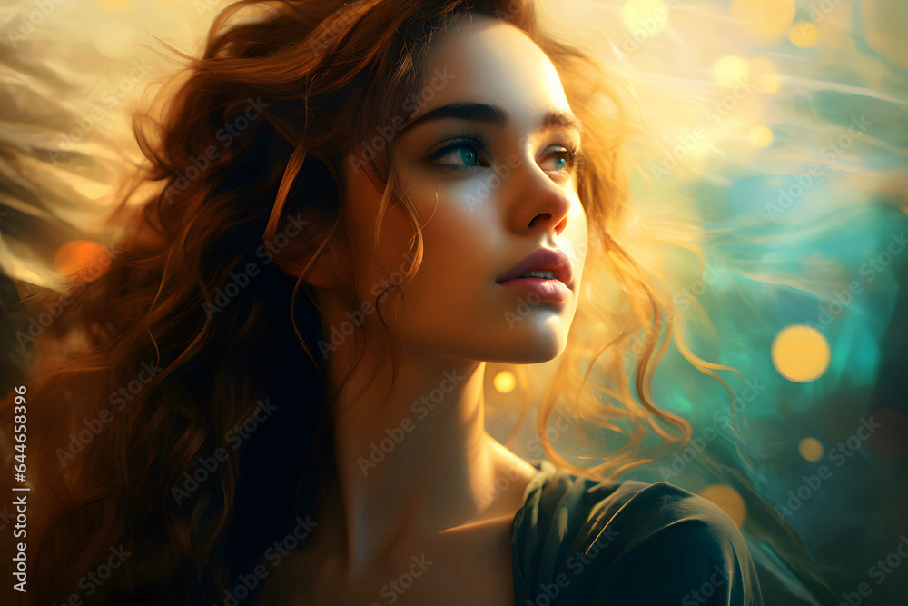 Portrait of a beautiful pensive woman, golden light background