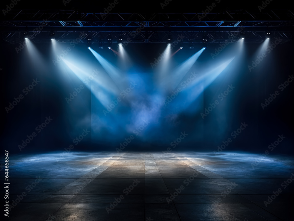 Spotlight on stage with blue lighting, misty atmosphere. - obrazy, fototapety, plakaty 