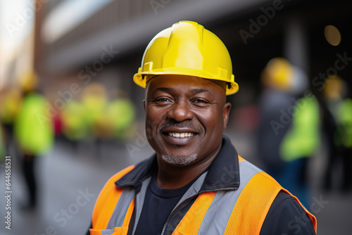 Middle aged African male builder worker in hard hat, man at construction site