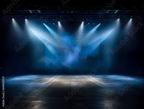 Spotlight on stage with blue lighting, misty atmosphere.