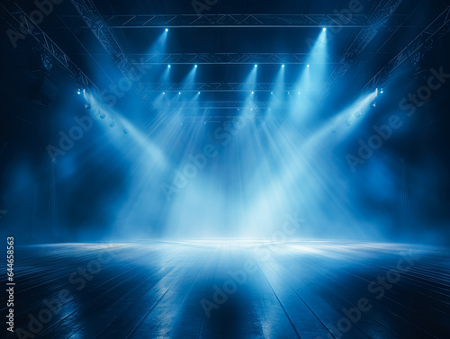 Spotlight on stage with blue lighting, misty atmosphere.