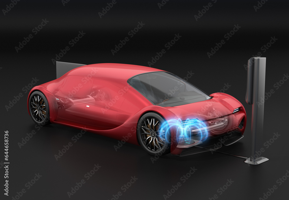 Naklejka premium Metallic red Futuristic Electric Car charging in wireless charging station. Generic design. 3D rendering image.