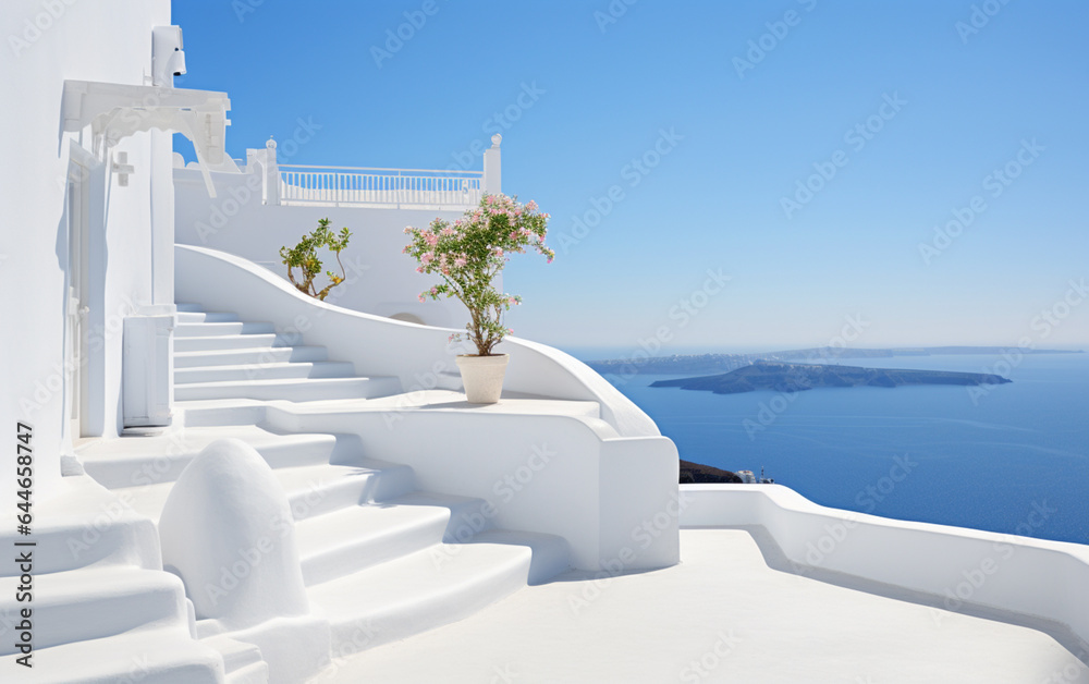 White stairs leading to terrace in Oia, Santorini - obrazy, fototapety, plakaty 