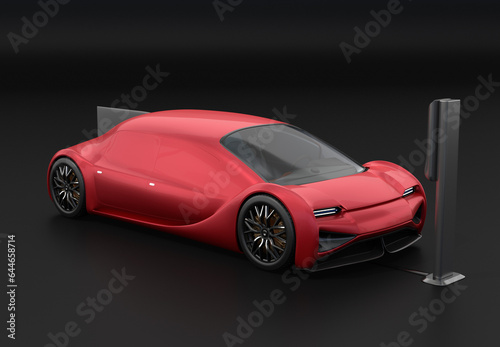 Metallic red Futuristic Electric Car charging in wireless charging station. Generic design. 3D rendering image.