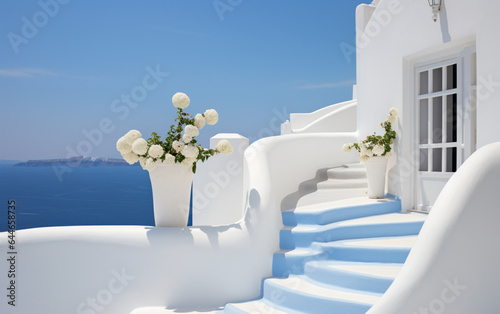 White stairs leading to terrace in Oia, Santorini