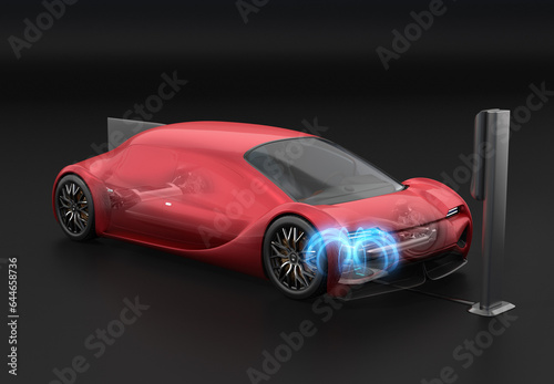 Metallic red Futuristic Electric Car charging in wireless charging station. Generic design. 3D rendering image. © chesky