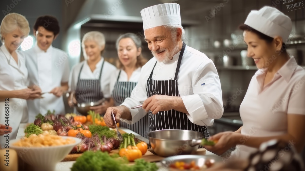 Chef in cook uniform teaches student cooking class students to prepare and mix ingredients for dishes at kitchen. Chef in cook uniform teaches student cooking class students to prepare and mix ingredients for dishes at kitchen.