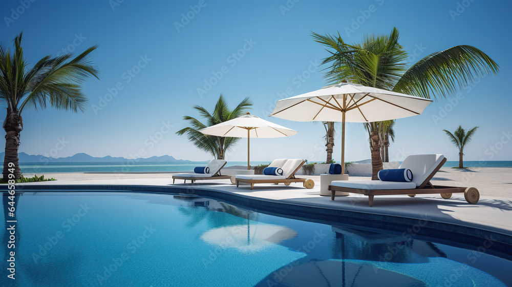 Luxury resort with swimming pool and loungers umbrellas. Sea in background