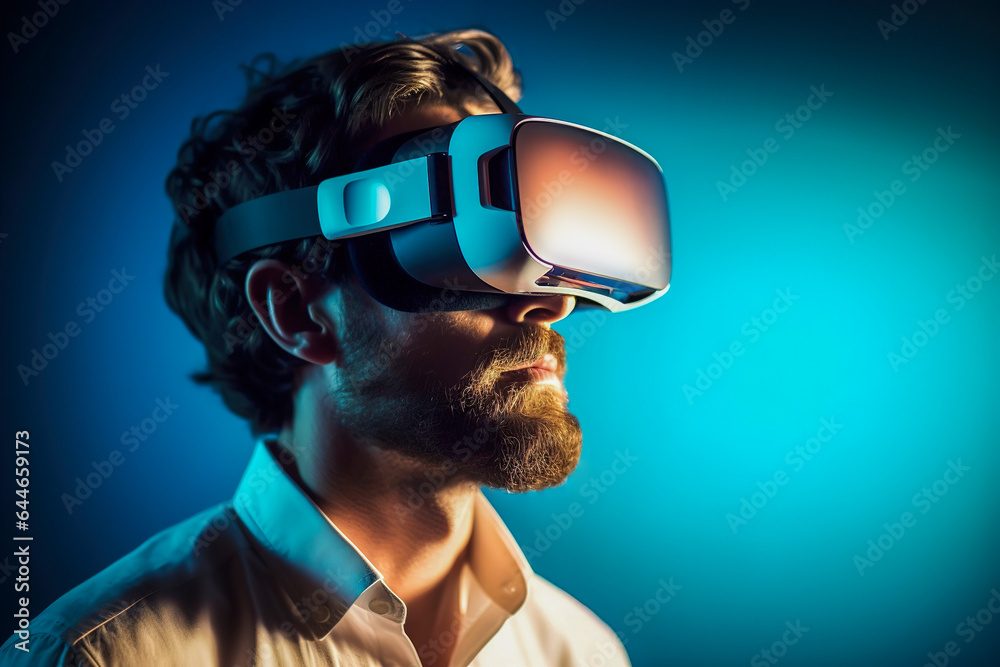 Bearded man wearing virtual reality goggles in modern coworking studio. Smartphone using with VR headset. Horizontal, blurred Bearded man wearing virtual reality goggles in modern coworking studio. Smartphone using with VR headset. Horizontal, blurred