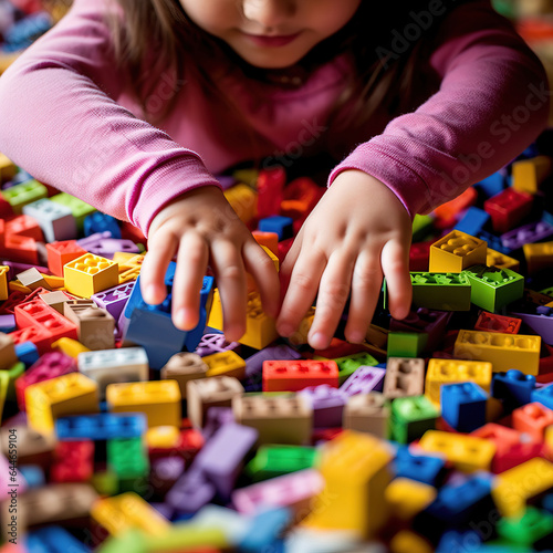 Close-up photograph of a little kid s hands as joyfully plays with a colorful set of building blocks.