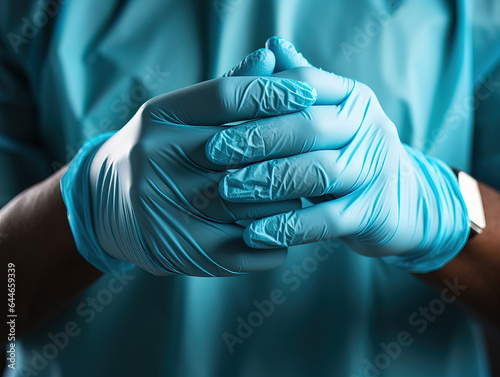 Close-up photograph of doctor's hands in blue rubber gloves. AI