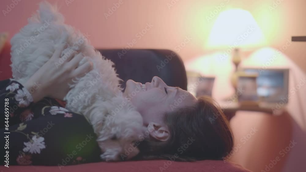 Woman playing with puppy while lying on bed Woman playing with puppy while lying on bed