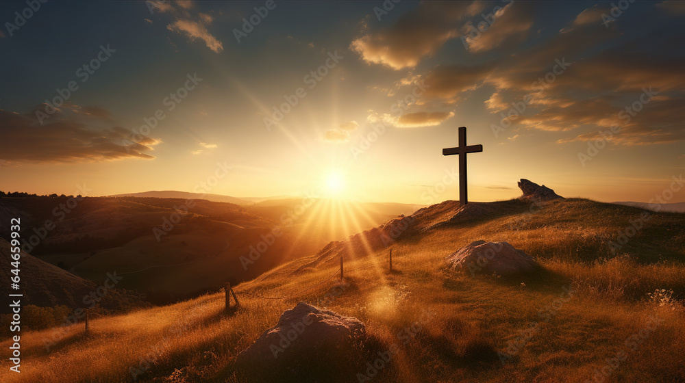 Cross at sunset in a field. Ascension day concept. Christian Easter. Faith in Jesus Christ. Christianity. Church worship, salvation concept
