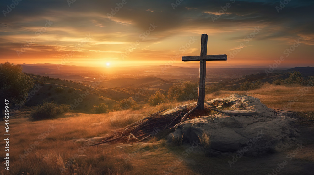 Cross at sunset in a field. Ascension day concept. Christian Easter. Faith in Jesus Christ. Christianity. Church worship, salvation concept - obrazy, fototapety, plakaty 