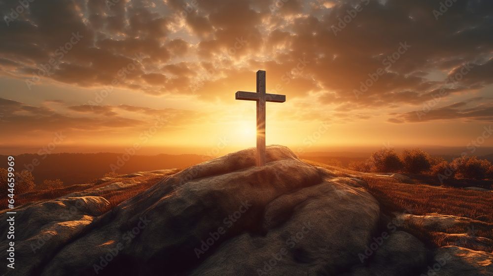 Cross at sunset in a field. Ascension day concept. Christian Easter. Faith in Jesus Christ. Christianity. Church worship, salvation concept - obrazy, fototapety, plakaty 