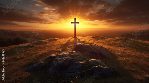 Cross at sunset in a field. Ascension day concept. Christian Easter. Faith in Jesus Christ. Christianity. Church worship, salvation concept