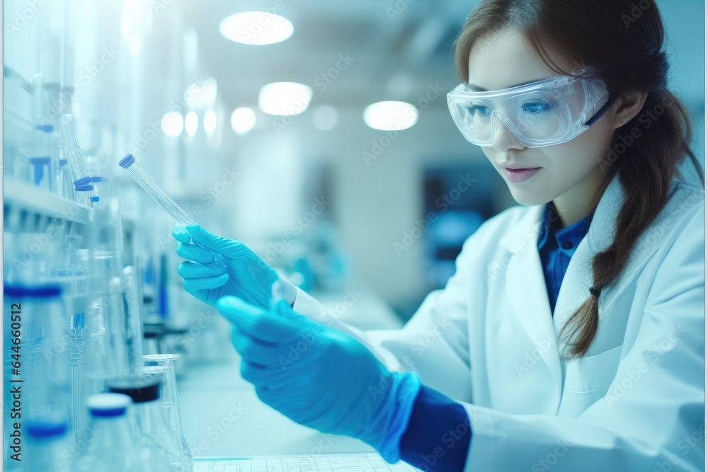 Asian scientist with test tube making research in laboratory, Science, chemistry, reagents, technology. Asian scientist with test tube making research in laboratory, Science, chemistry, reagents, technology.