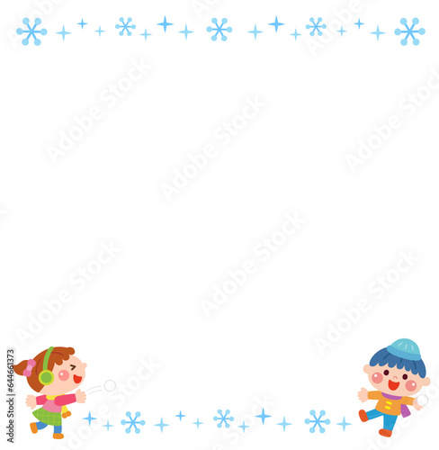 雪合戦をする子どもたちのイラストフレーム
