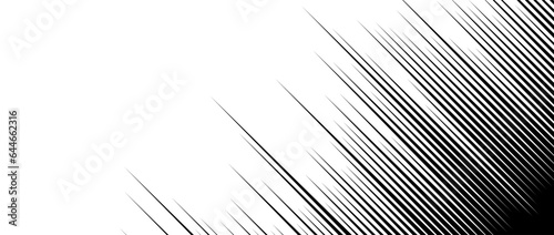 Straight speed lines repeating pattern. Black and white diagonal stripes gradient. Abstract fast effect texture. Comic or cartoon book rays and beams wallpaper. Vector background