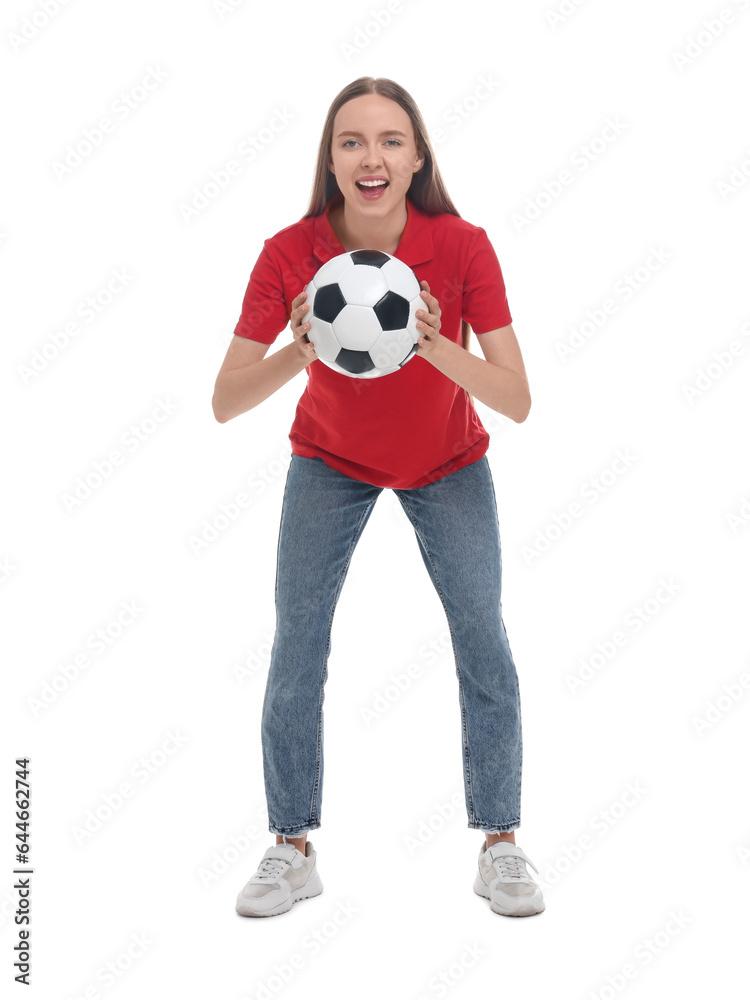 Emotional sports fan with ball on white background