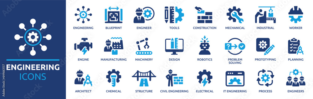 Engineering icon set. Containing blueprint, engineer, tools, construction, mechanical, industrial, worker, engine, manufacturing and machinery icons. Solid icon collection. Vector illustration. - obrazy, fototapety, plakaty 